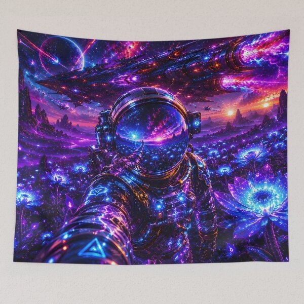 Item preview, Cosmic Bloom Explorer | Neon Blue Alien Flower Field Astronaut Sci-Fi Art Print designed and sold by RockyLambda.