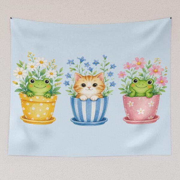Item preview, Cute Frog Cat Flower Pot Watercolor Trio | Whimsical Garden Animal Illustration designed and sold by ArtoryNest.
