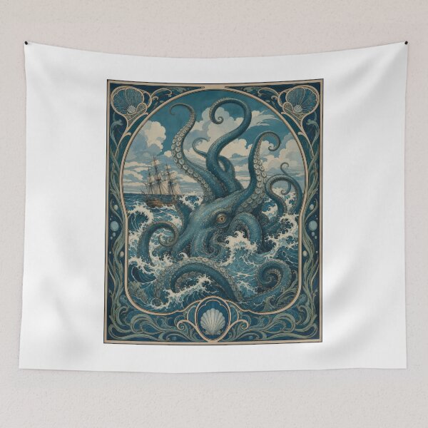 Item preview, Vintage Kraken Sea Monster Art Nouveau Ship designed and sold by AntiqueImages.