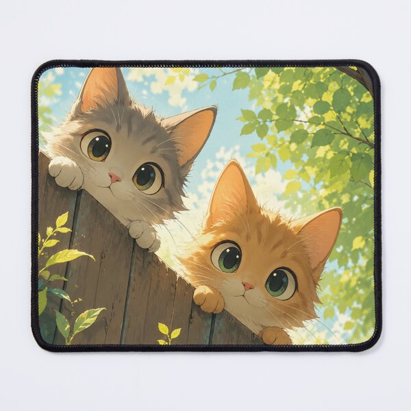 Item preview, Peeking Kittens Fence Art Print – Cute Anime Cat Garden Summer Wall Art Kawaii Cat Nature Framed Print designed and sold by IconicDesignsXd.
