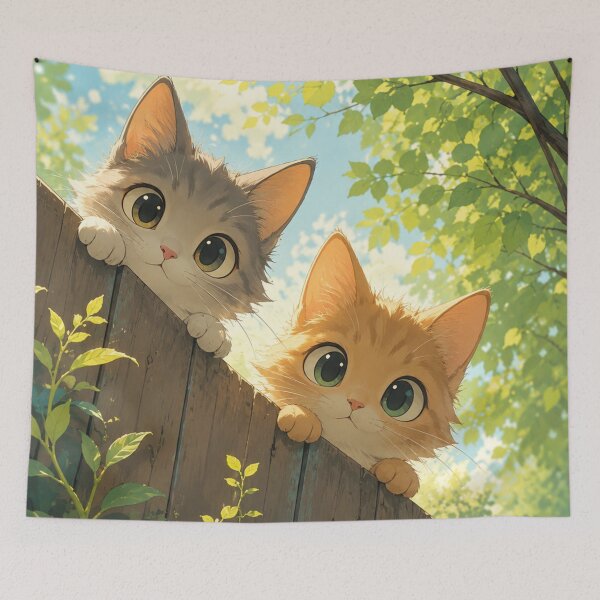 Item preview,  Peeking Kittens Fence Art Print – Cute Anime Cat Garden Summer Wall Art Kawaii Cat Nature Framed Print designed and sold by IconicDesignsXd.