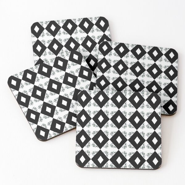 Item preview, Vintage ceramic tile style seamless pattern. Black abstract geometric diamond shapes with green leaf scrolls. designed and sold by AjjimaJKM.