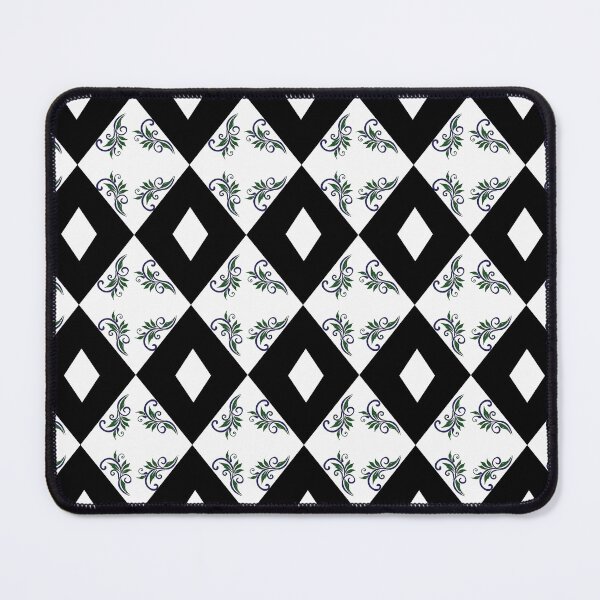 Item preview, Vintage ceramic tile style seamless pattern. Black abstract geometric diamond shapes with green leaf scrolls. designed and sold by AjjimaJKM.