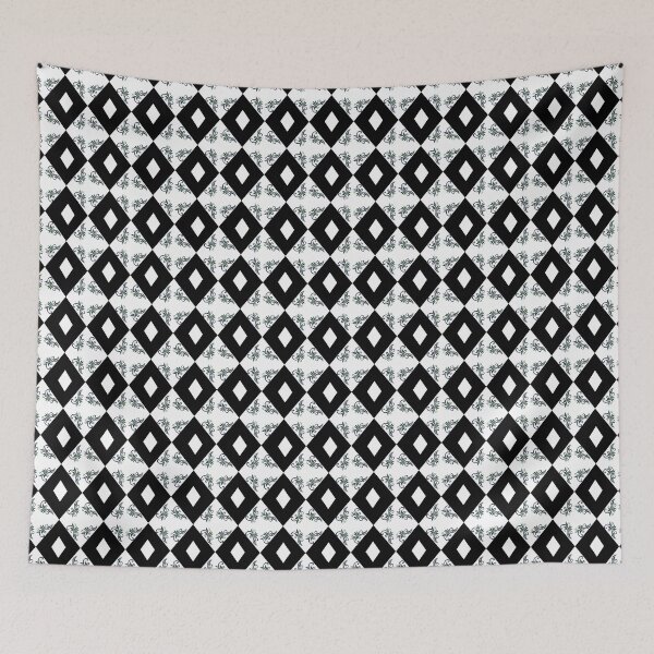Item preview, Vintage ceramic tile style seamless pattern. Black abstract geometric diamond shapes with green leaf scrolls. designed and sold by AjjimaJKM.
