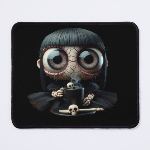 Item preview, Cosmic Coffeehouse Big Eyed Goth Doll with Skull Mug designed and sold by LujziWorld.