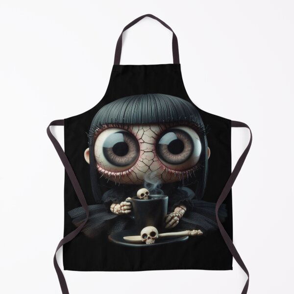 Item preview, Cosmic Coffeehouse Big Eyed Goth Doll with Skull Mug designed and sold by LujziWorld.
