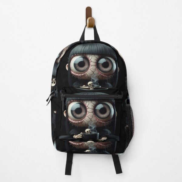Item preview, Cosmic Coffeehouse Big Eyed Goth Doll with Skull Mug designed and sold by LujziWorld.