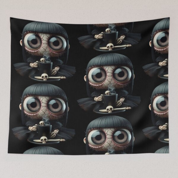 Item preview, Cosmic Coffeehouse Big Eyed Goth Doll with Skull Mug designed and sold by LujziWorld.