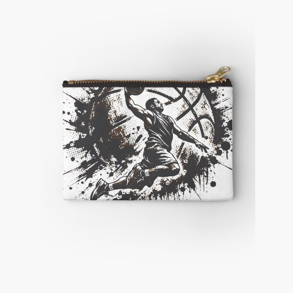 Item preview, High-energy black and white illustration of a basketball player soaring for a dunk against a dramatic paint-splatter background designed and sold by Dejbar.