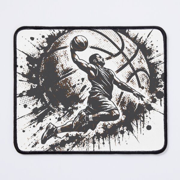 Item preview, High-energy black and white illustration of a basketball player soaring for a dunk against a dramatic paint-splatter background designed and sold by Dejbar.