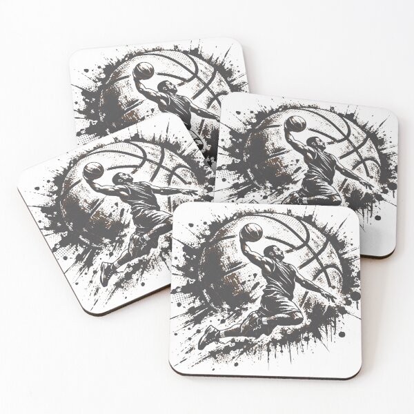 Item preview, High-energy black and white illustration of a basketball player soaring for a dunk against a dramatic paint-splatter background designed and sold by Dejbar.
