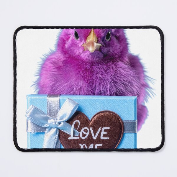 Item preview, Cute Purple Baby Chick with Light Blue Gift Box Poster - Brown Heart Love Me Print - Whimsical Magenta Bird Wall Art designed and sold by WildGentlemen.