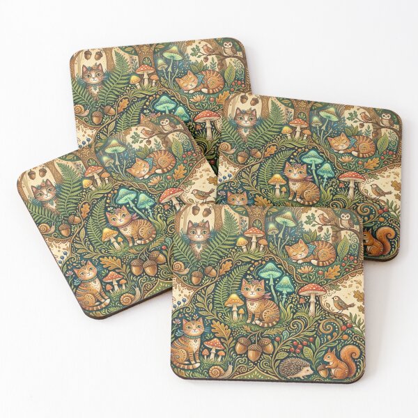 Item preview, Whimsical Folk Art Cats in Enchanted Forest Pattern designed and sold by Iampoji.
