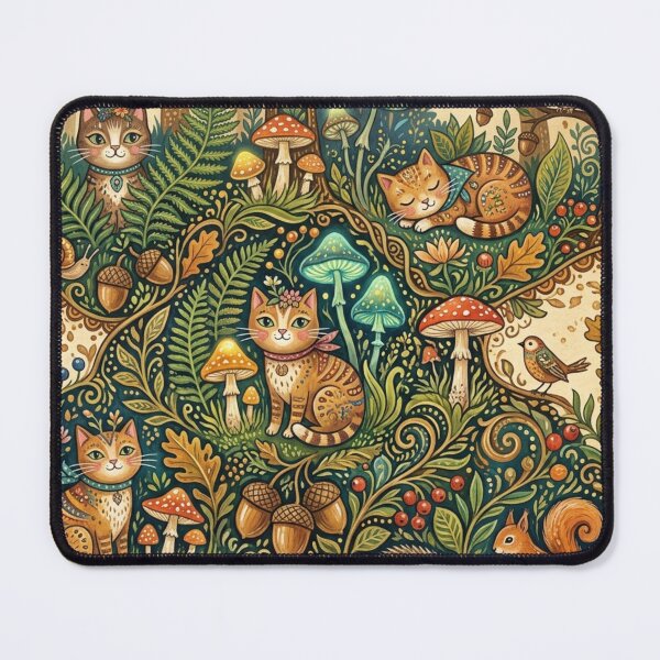 Item preview, Whimsical Folk Art Cats in Enchanted Forest Pattern designed and sold by Iampoji.