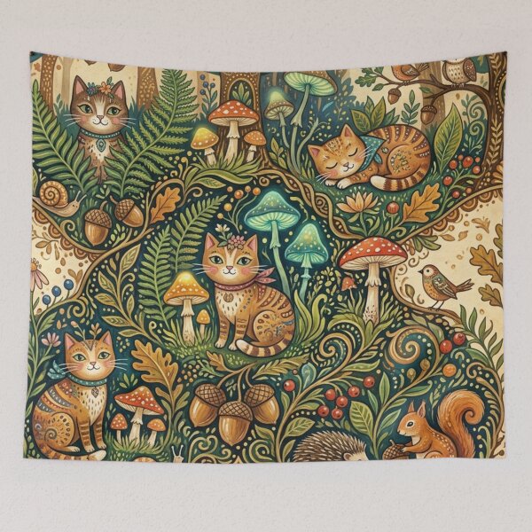 Item preview, Whimsical Folk Art Cats in Enchanted Forest Pattern designed and sold by Iampoji.