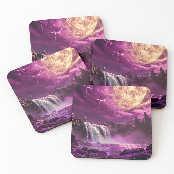 Item preview, Surreal purple moonlight at the mystical waterfall - Dark dream world designed and sold by VoidVeilStudio.