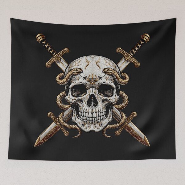 Item preview, Skull in the cross of swords and snakes designed and sold by Kimenta Fashion.