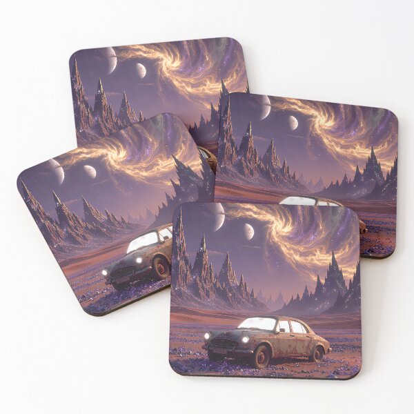 Item preview, A rusty vintage car on a distant planet – a surreal sci-fi dream designed and sold by VoidVeilStudio.