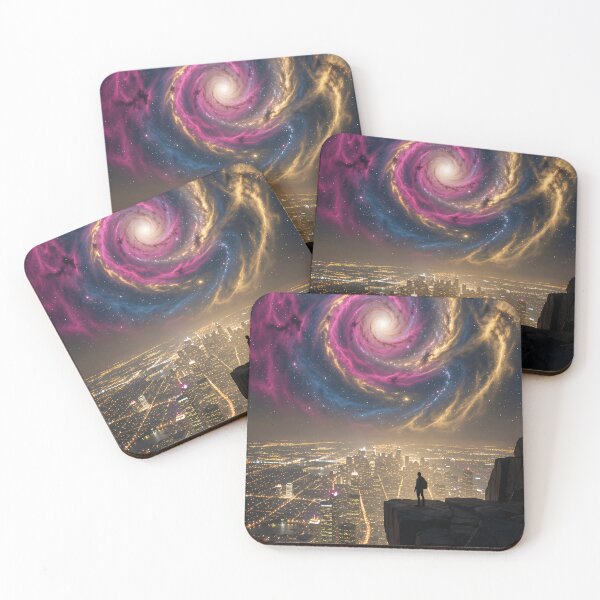 Item preview, The cosmic call: A solitary silhouette above the luminous metropolis in stardust designed and sold by VoidVeilStudio.