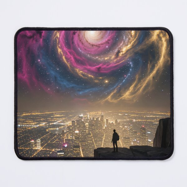 Item preview, The cosmic call: A solitary silhouette above the luminous metropolis in stardust designed and sold by VoidVeilStudio.