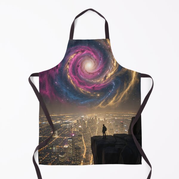 Item preview, The cosmic call: A solitary silhouette above the luminous metropolis in stardust designed and sold by VoidVeilStudio.