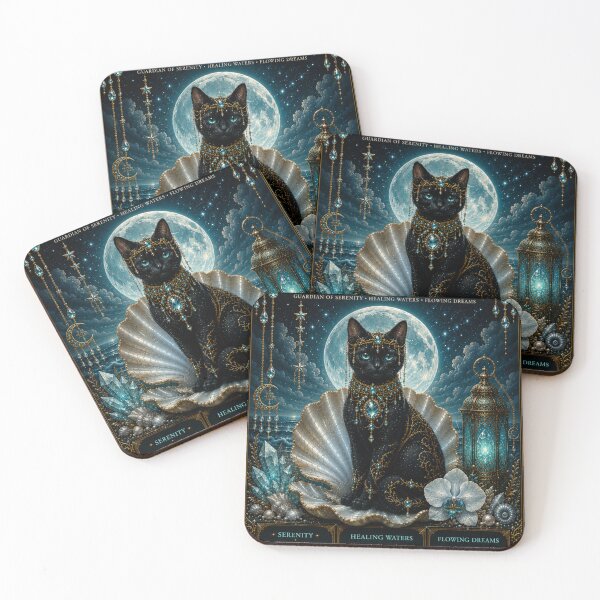 Item preview, Aquamarine Tidekeeper Cat Guardian of Serenity Healing Waters and Flowing Dreams Fantasy Black Cat Art designed and sold by Mindworx21.