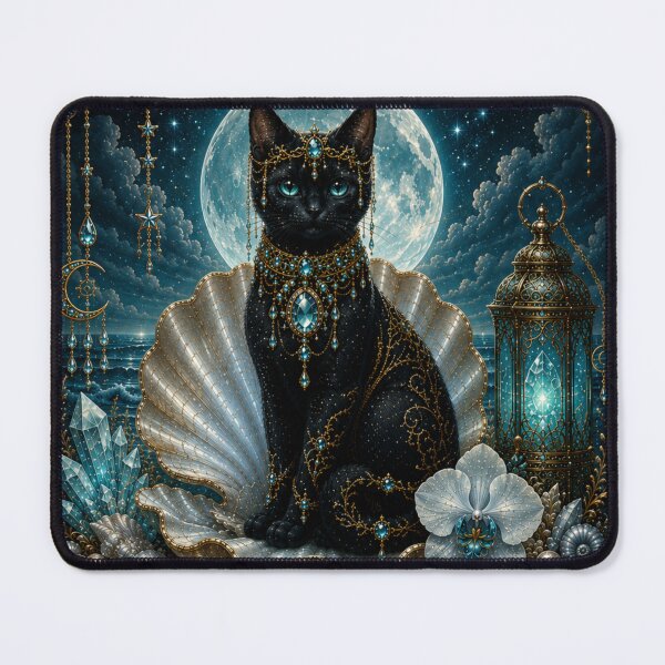 Item preview, Aquamarine Tidekeeper Cat Guardian of Serenity Healing Waters and Flowing Dreams Fantasy Black Cat Art designed and sold by Mindworx21.