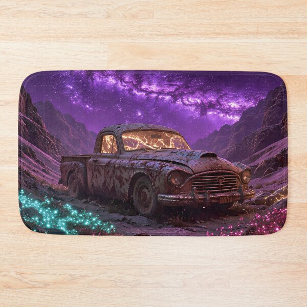 Item preview, Rusty vintage car under the purple cosmos in the desert designed and sold by VoidVeilStudio.