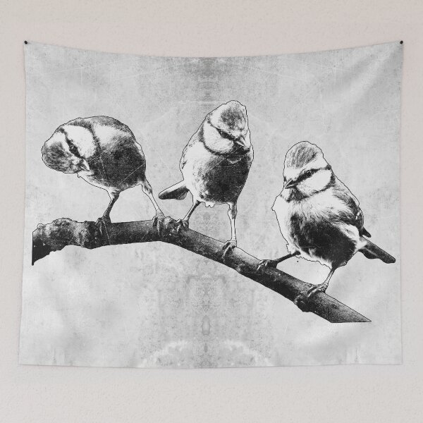 Item preview, Three Eurasian Blue Tits Dark Branch Natural History Art designed and sold by Ghoul Enterprises.