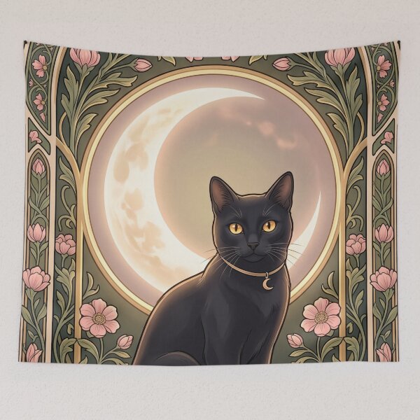 Item preview, Mucha Inspired Elegant Black Cat with Golden Eyes designed and sold by Spiritualwall.