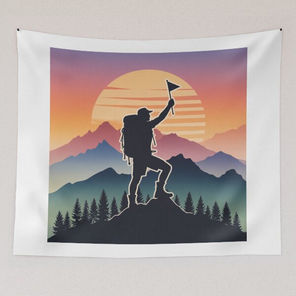 Item preview, Hiker on Mountain Peak at Sunset – Retro Adventure Art designed and sold by Gabe1983.