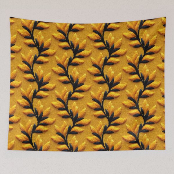 Item preview, Bold Golden 3D Leaf And Black Stem Embroidery Pattern designed and sold by igraphixart.