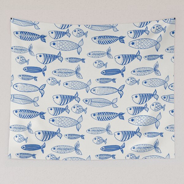 Item preview, Fish and sardines, cobalt blue nautical designed and sold by OhNoNotAgain42.