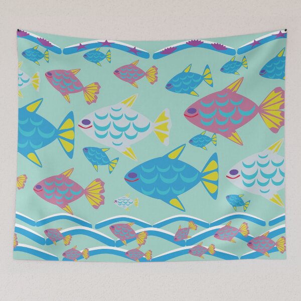 Item preview, Happy Fish Folk Art Seamless Pattern with Colorful Tropical Fish and Ocean Waves designed and sold by Ei-Ei.