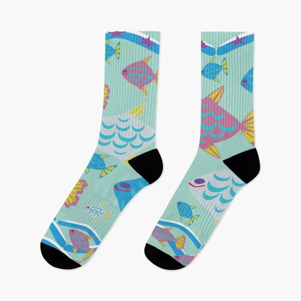 Item preview, Happy Fish Folk Art Seamless Pattern with Colorful Tropical Fish and Ocean Waves designed and sold by Ei-Ei.