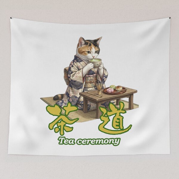 Item preview, Tea ceremony cat -A kitty enjoys matcha tea-  Kanji Notation designed and sold by LOVEARTDESIGN.