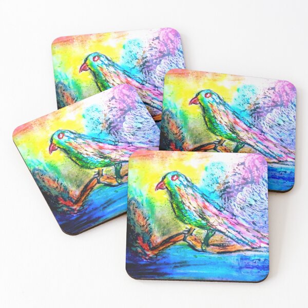 Item preview, A vibrant painting of a tropical colorful bird in sunset fantasy landscape |aura aesthetic wall art designed and sold by Shukasya-Arts.