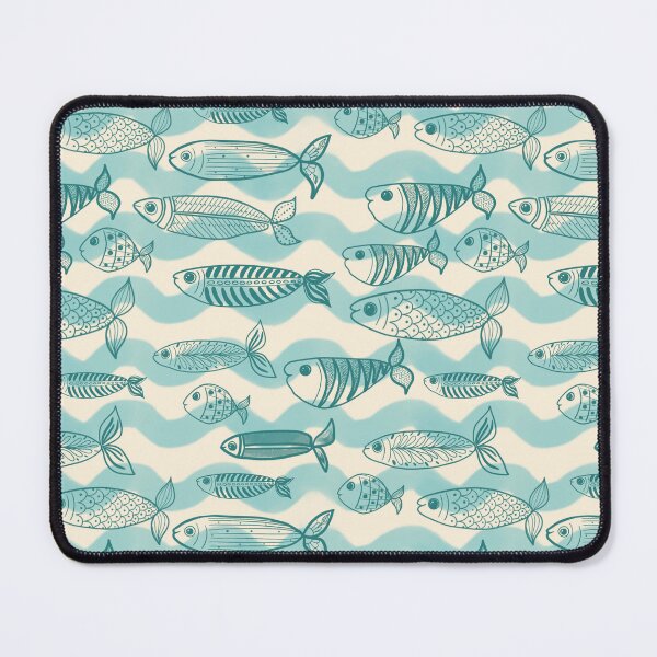 Item preview, Fish and sardines in waves in teal blues designed and sold by OhNoNotAgain42.