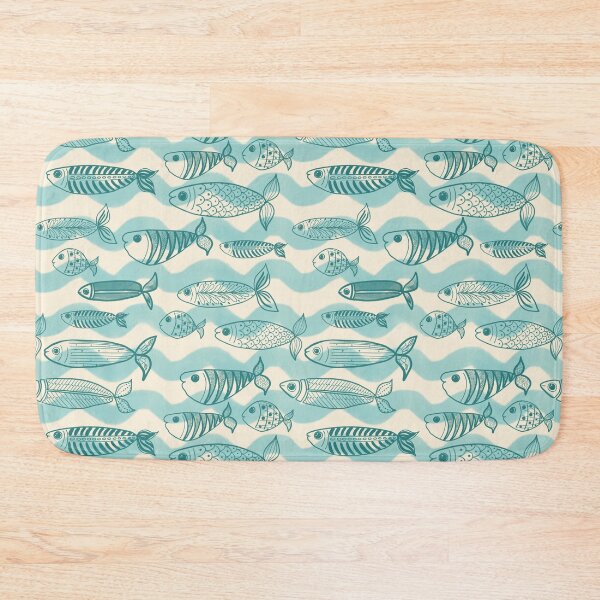 Item preview, Fish and sardines in waves in teal blues designed and sold by OhNoNotAgain42.