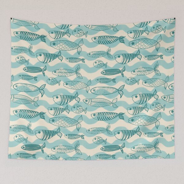Item preview, Fish and sardines in waves in teal blues designed and sold by OhNoNotAgain42.