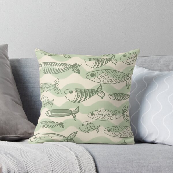 Item preview, Fish and sardines in waves in sage greens designed and sold by OhNoNotAgain42.