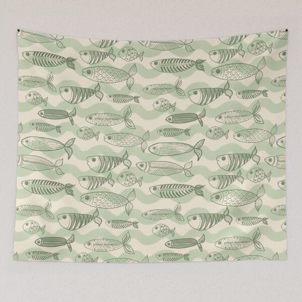Item preview, Fish and sardines in waves in sage greens designed and sold by OhNoNotAgain42.