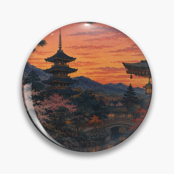 Item preview, Temple Gardens at Dusk Ukiyo-e Art Print | Japanese Pagoda Sunset Landscape | Traditional Woodblock Style designed and sold by Vandy Fullam.