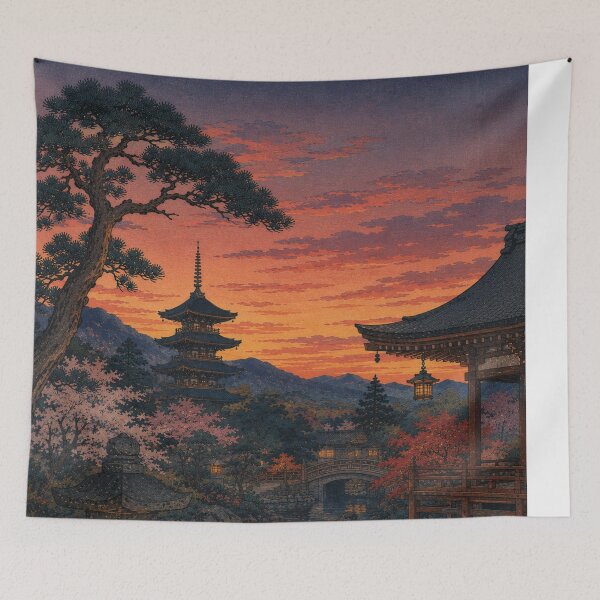 Item preview, Temple Gardens at Dusk Ukiyo-e Art Print | Japanese Pagoda Sunset Landscape | Traditional Woodblock Style designed and sold by Vandy Fullam.
