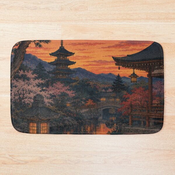Item preview, Temple Gardens at Dusk Ukiyo-e Art Print | Japanese Pagoda Sunset Landscape | Traditional Woodblock Style designed and sold by Vandy Fullam.