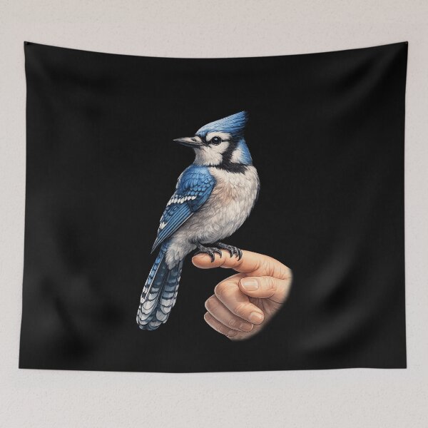 Item preview, Funny Blue Jay Bird Perched On Finger Wildlife Nature Art designed and sold by elderberry.