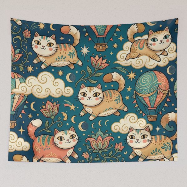 Item preview, Whimsical Cats and Hot Air Balloons Pattern designed and sold by Iampoji.