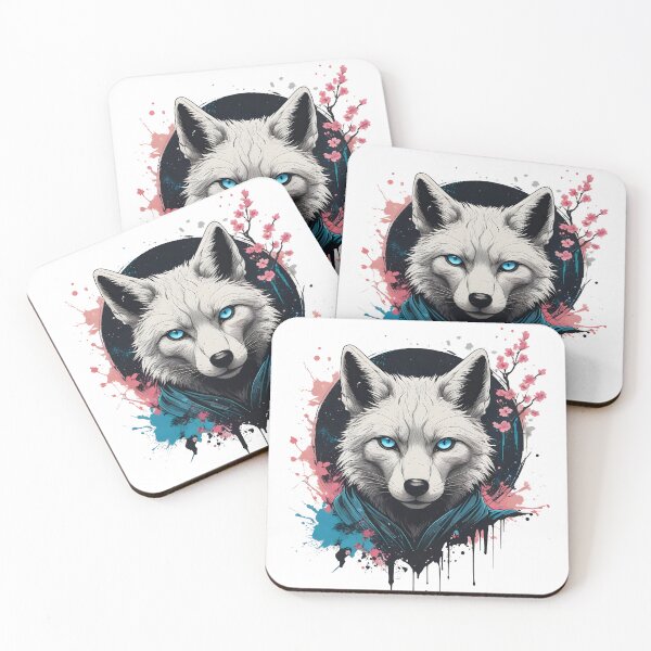 Item preview, White Fox Samurai Blue Eyes Cherry Blossom | Japanese Anime Art Print designed and sold by Ikbel Studio.