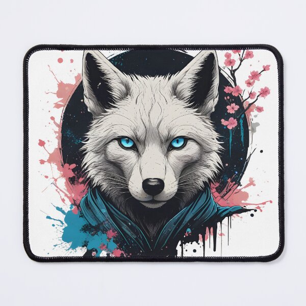 Item preview, White Fox Samurai Blue Eyes Cherry Blossom | Japanese Anime Art Print designed and sold by Ikbel Studio.