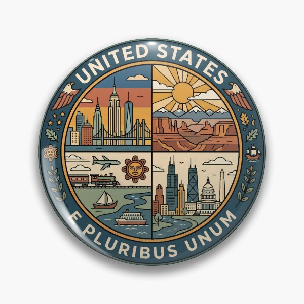 Item preview, United States Landmarks Illustration Travel Art Badge designed and sold by KrisSidDesigns.